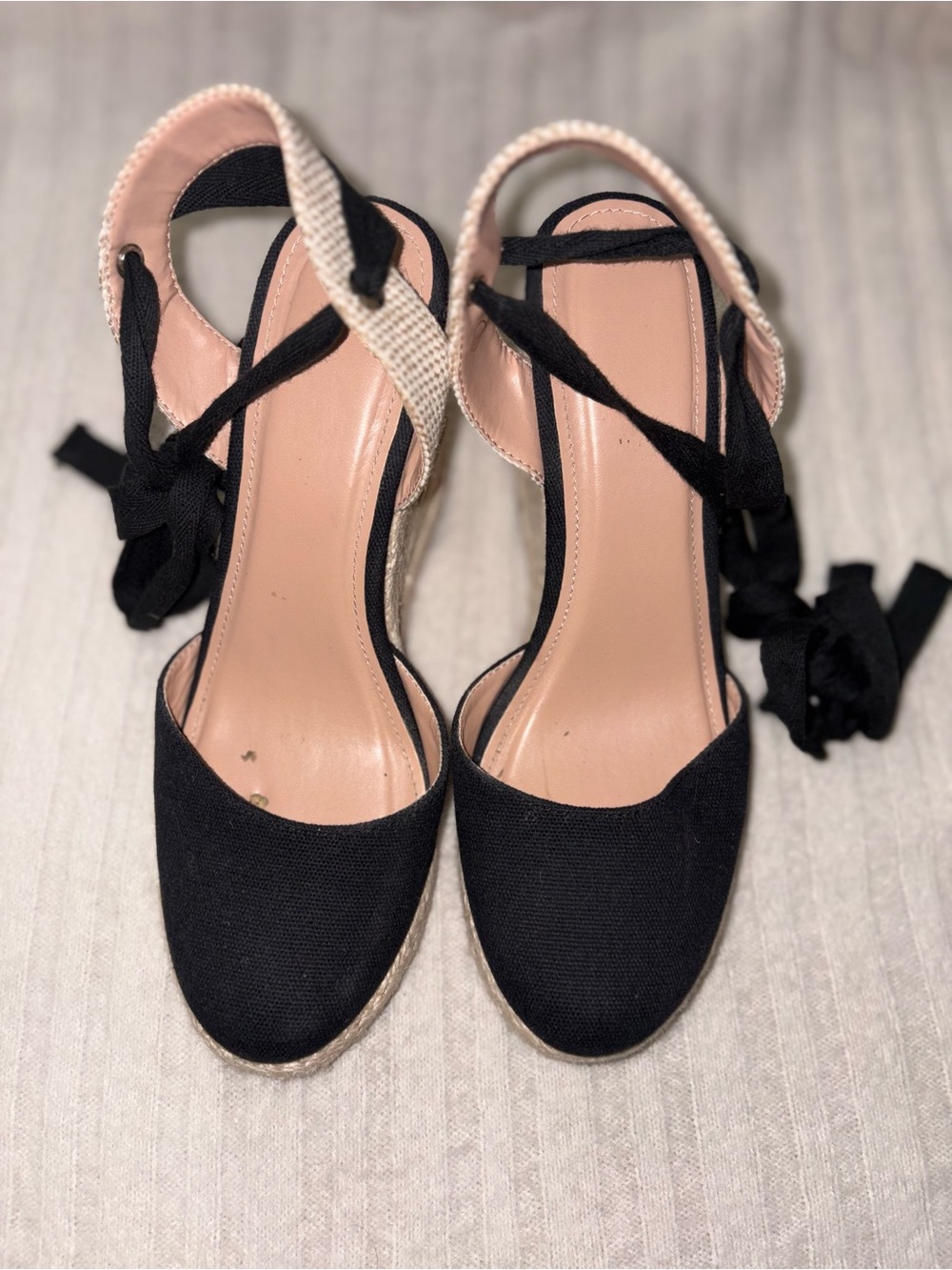 Ladies Black Espadrille Wedge Sandals with Ankle Tie